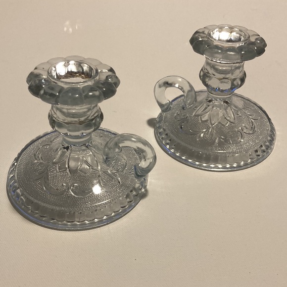 Cut Glass Candle Holder Set of 2 w/ Finger Loop Handles - Picture 2 of 5